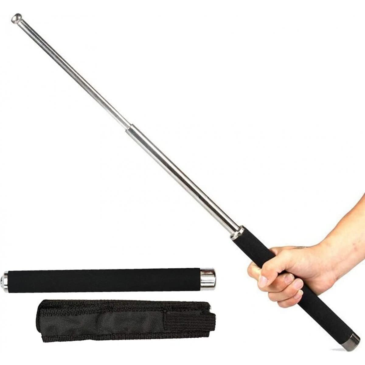 Personal Safety Stick with Nylon Bag, Adjustable Length, Stainless Steel, Black | Expendable Multi utility Tool I Self Defence Rod I Personal Stick Safety for Men and Women - Silver, Black
