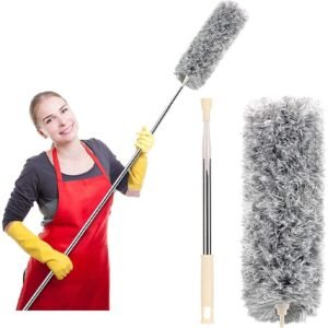 Microfiber Feather Duster Bendable & Extendable Fan Cleaning Duster with 100 inches Expandable Pole Handle Washable Duster for High Ceiling Fans, Window Blinds, Furniture (Grey)
