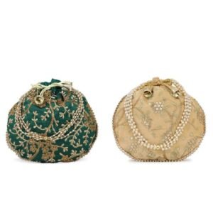 Combo of Beige & Green Color Designer Embroidered Potli Bag