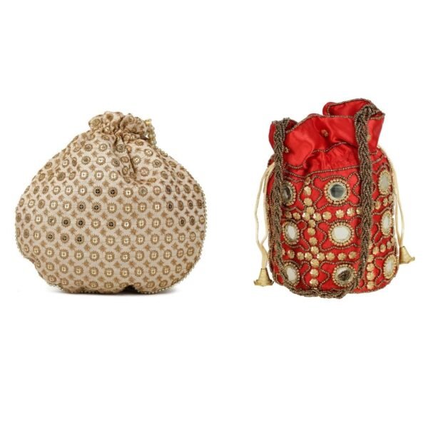 Combo - Designer Embroidered Potli Bag - Golden & Red