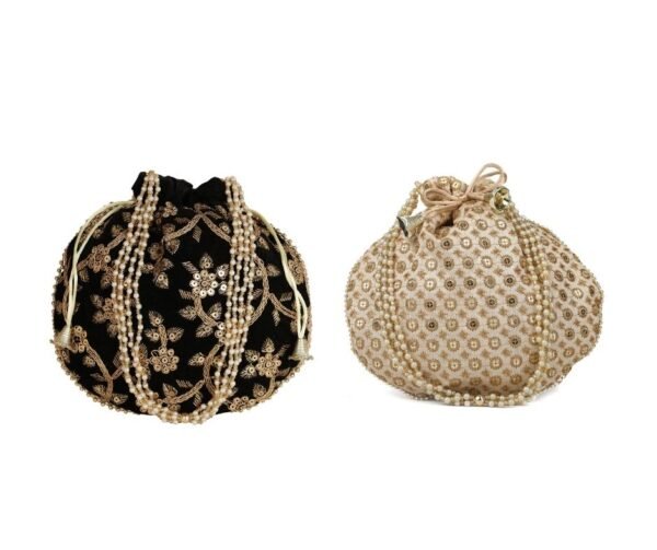 Combo - Designer Embroidered Potli Bag - Golden & Black