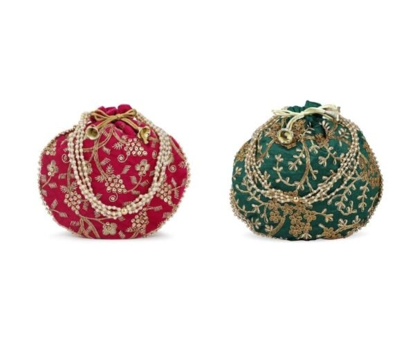 Designer Embroidered Potli Bag Combo- Pink & Green