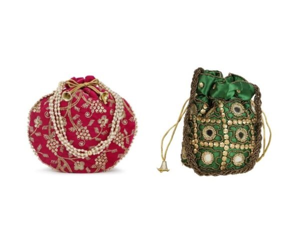 Designer Embroidered Potli Bag Combo- Pink & Gold