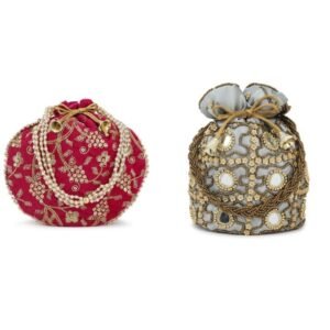 Designer Embroidered Potli Bag Combo- Pink & White