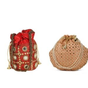 Combo - Designer Embroidered Potli Bag - Red & Beige