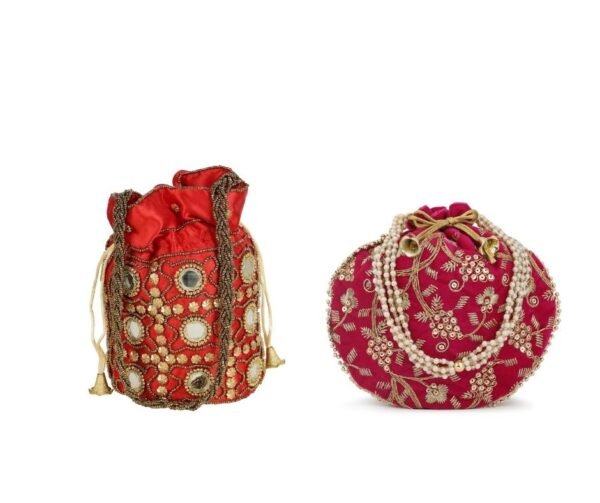 Combo - Designer Embroidered Potli Bag - Red & Pink
