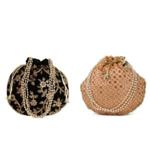 Combo of Beige & Black Color Designer Embroidered Potli Bag