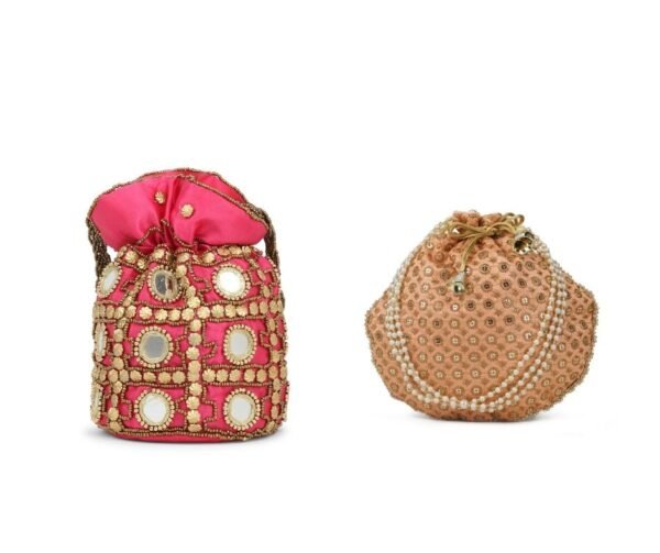 Combo - Designer Embroidered Potli Bag - Red & Beige