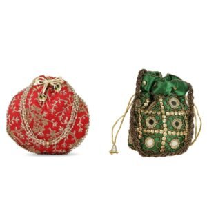 Combo - Designer Embroidered Potli Bag - Red & Gold