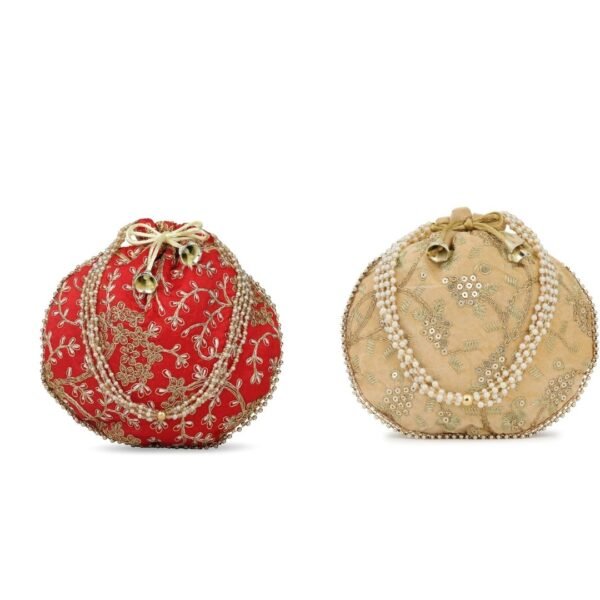 Combo - Designer Embroidered Potli Bag - Red & Beige