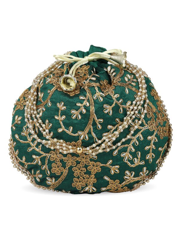 Women's Velvet Designed Green Color Potli Bag - Image 2