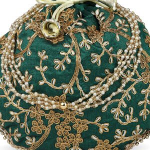Women's Velvet Designed Green Color Potli Bag