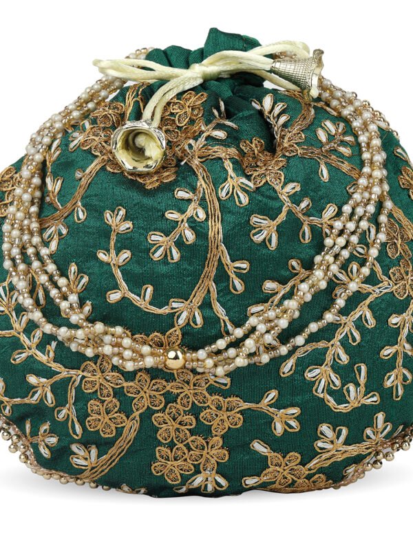 Women's Velvet Designed Green Color Potli Bag