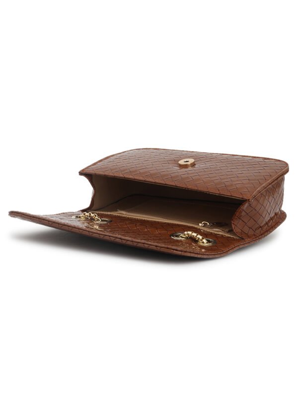 Coffee Brown Woven Design Structured Shoulder Bag - Image 4