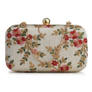Off White & Gold Embroidered Box Clutches For Girls and womens(01)