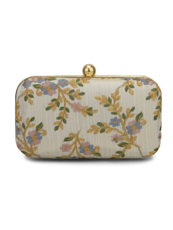 White & Gold-Toned Embroidered Party Box Clutch For Girls and Womens For Girls and womens - Image 3
